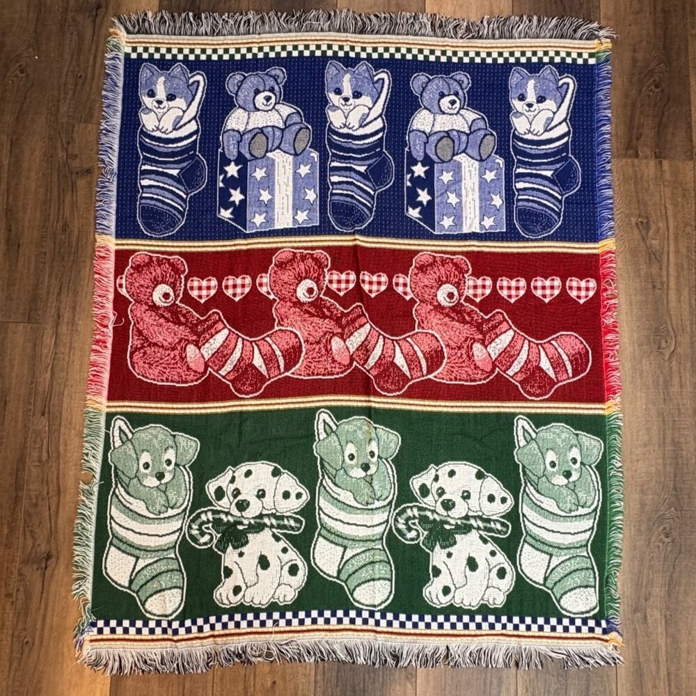 American Weavers Throw Blanket‎ Tapestry Puppy Teddy Stockings USA Holiday VTG